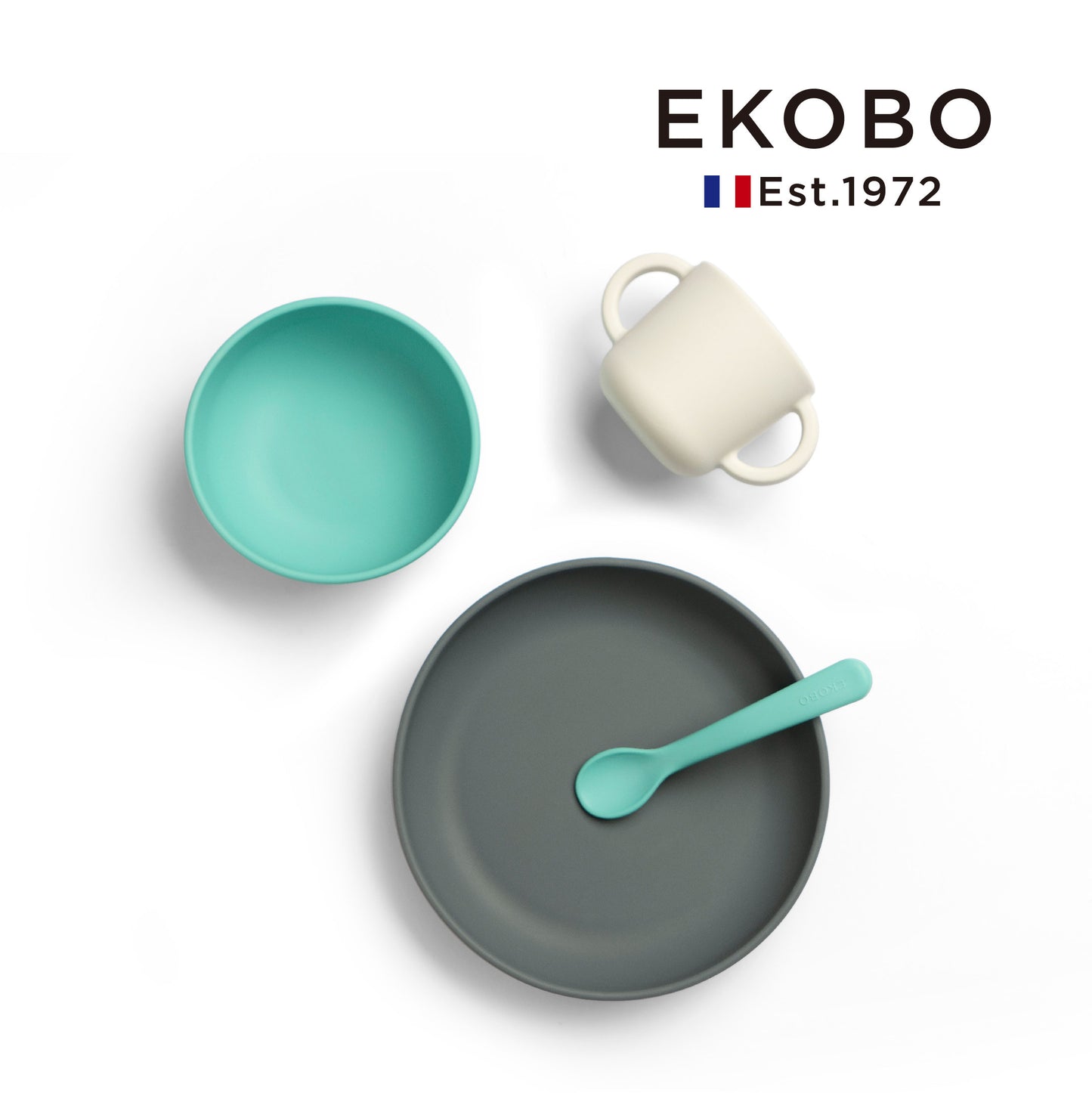 【EKOBO】滑り止めシリコン学習食器4点セット-ミントグリーン